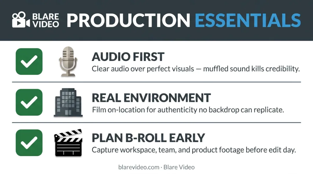Testimonial video production essentials checklist covering audio environment and B-roll planning