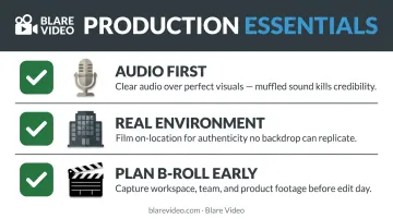 Testimonial video production essentials checklist covering audio environment and B-roll planning