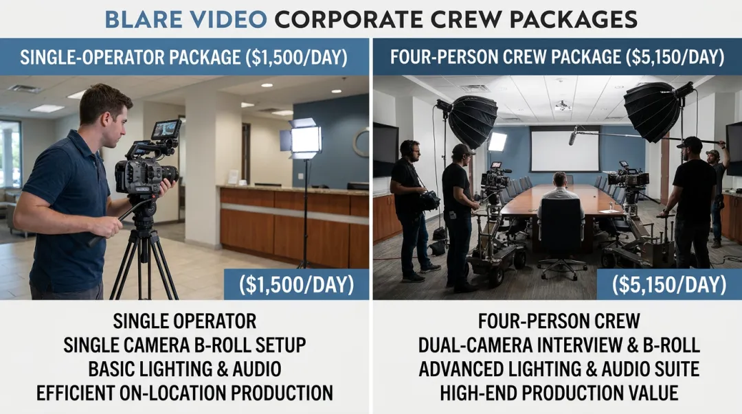 Blare Video crew package comparison showing single operator versus four person configuration
