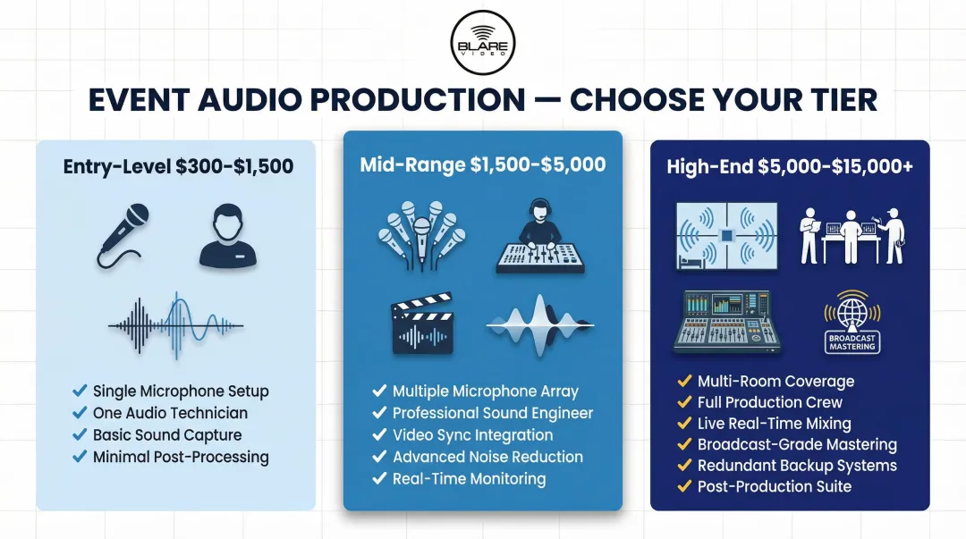 Three-tier event audio pricing comparison from basic to full-service setup