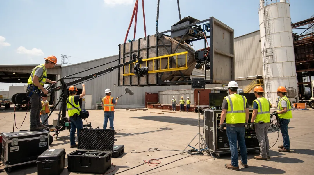 Professional video crew filming industrial equipment on active manufacturing facility floor