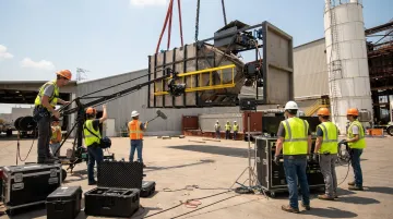Professional video crew filming industrial equipment on active manufacturing facility floor