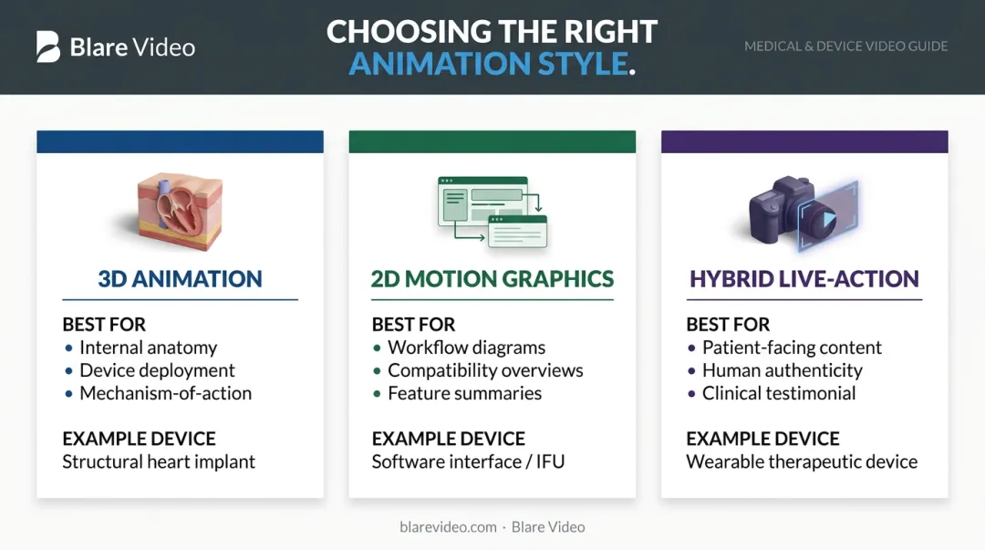 Medical device animation style comparison 3D versus 2D versus hybrid live-action formats