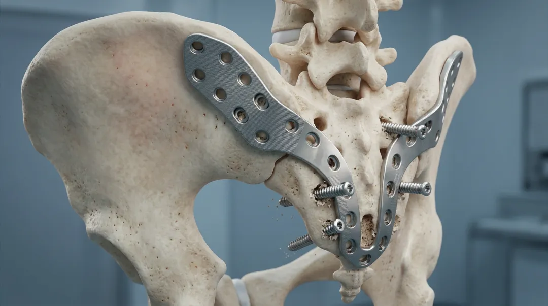 3D medical animation showing pelvic bone implant osseointegration and surgical placement