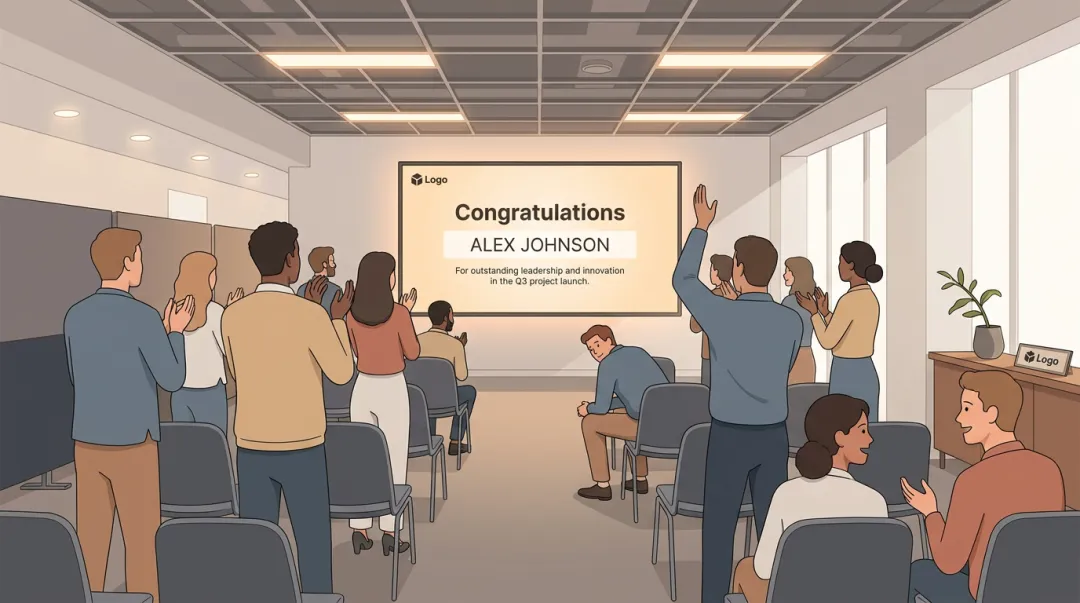 Employee receiving public video recognition on large screen during company all-hands meeting
