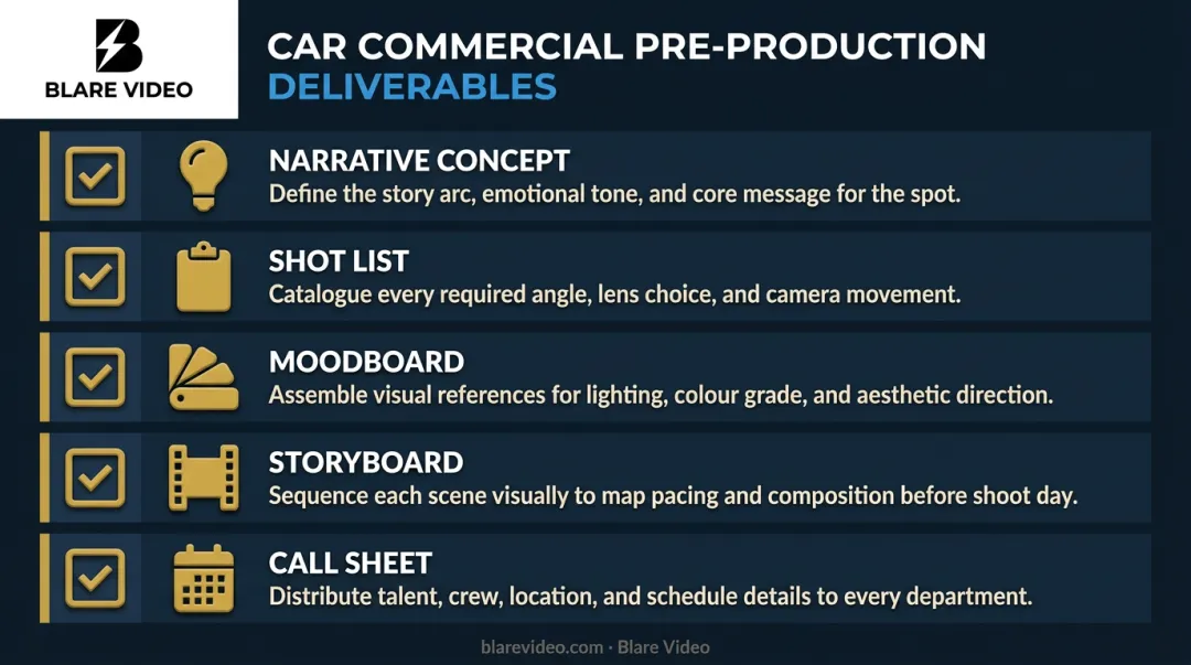 Car commercial pre-production checklist five key deliverables infographic