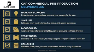 Car commercial pre-production checklist five key deliverables infographic