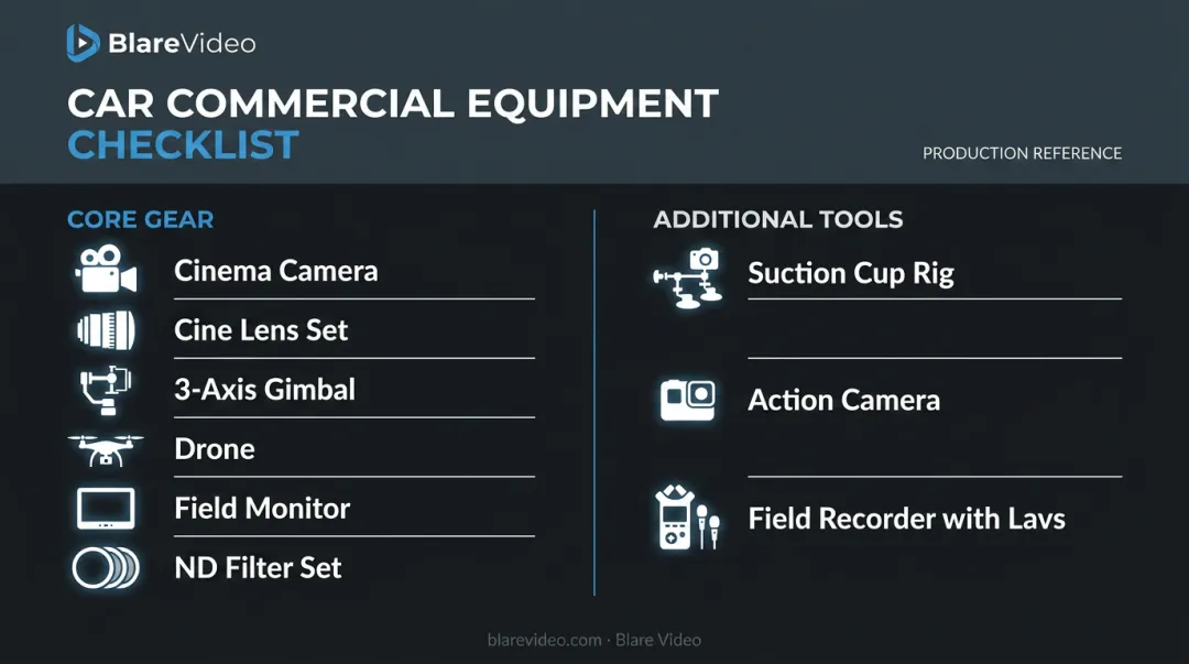Professional car commercial camera gear checklist with essential and additional equipment