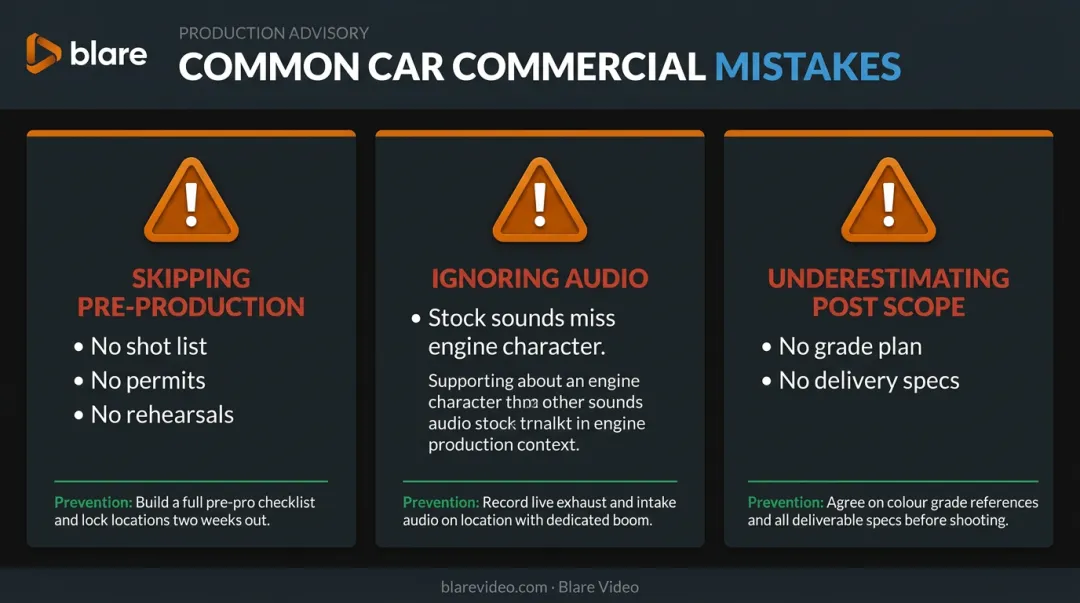 Three most common car commercial production mistakes and prevention strategies