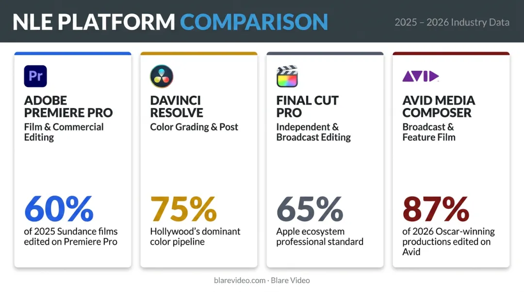 Four professional NLE software platforms comparison chart with usage statistics