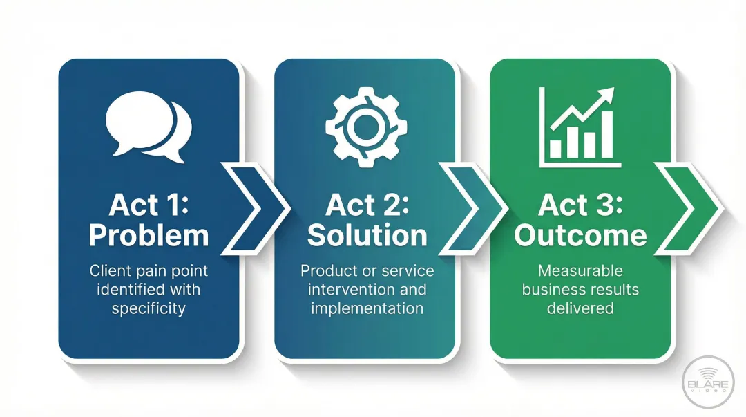 Three-act corporate case study video story structure problem solution outcome