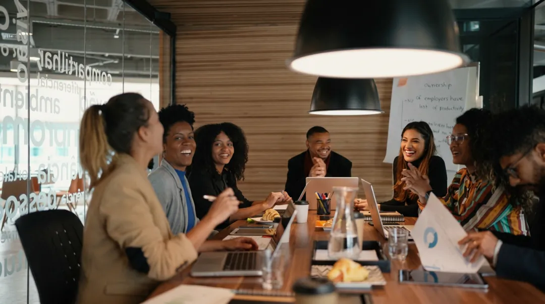 Live-action B2B workplace storytelling video production still with office workers