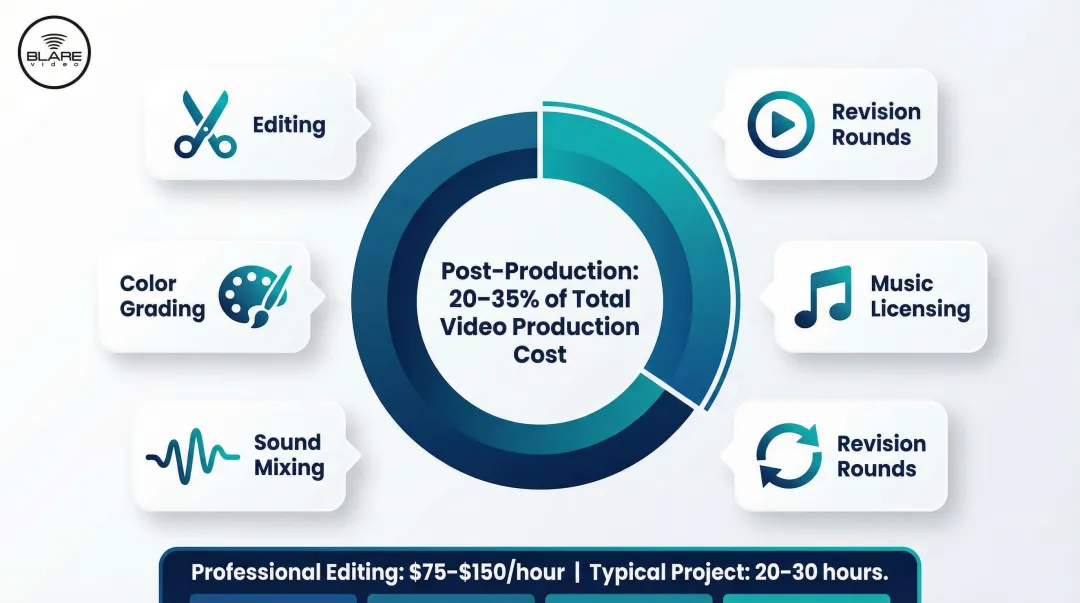 Testimonial video post-production cost breakdown showing editing hours and budget percentage