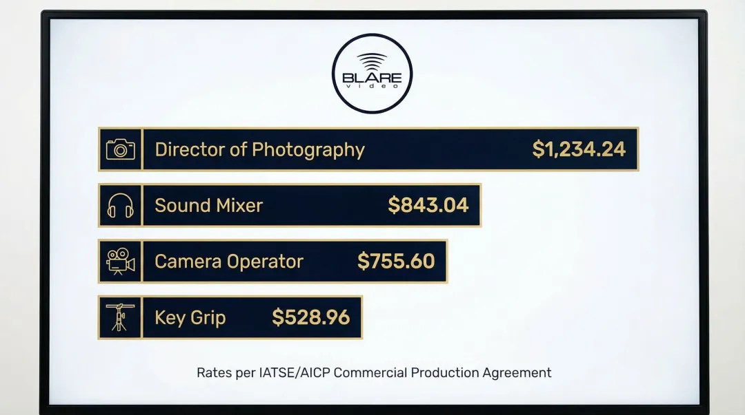 Union film crew daily rate breakdown infographic with role-by-role cost comparison