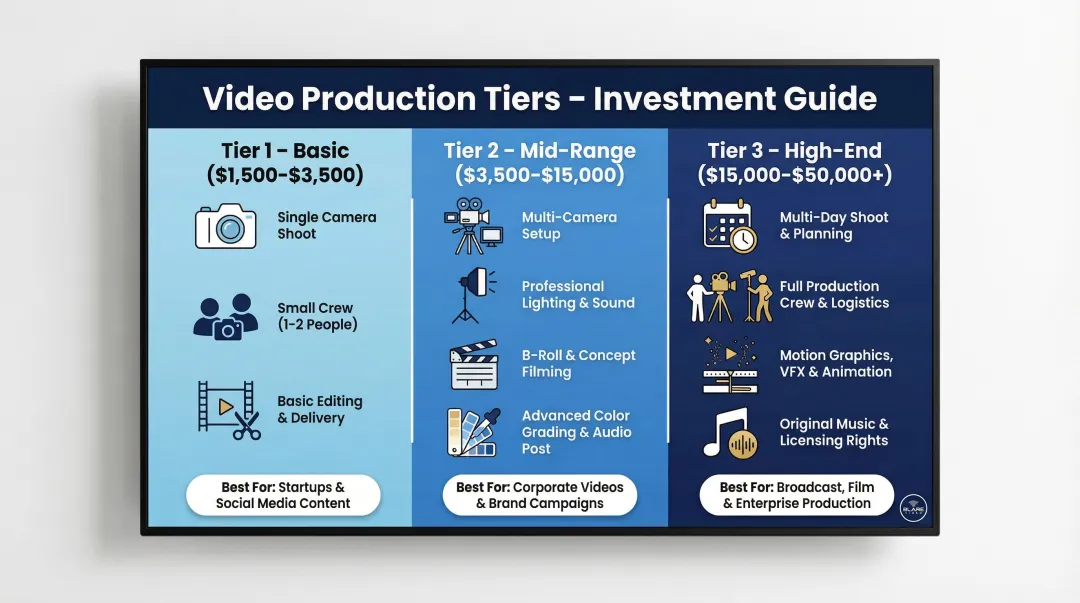 Three-tier testimonial video production cost comparison infographic from basic to high-end