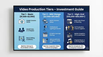 Three-tier testimonial video production cost comparison infographic from basic to high-end