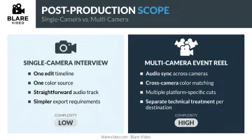 Single-camera interview versus multi-camera event reel post-production scope comparison