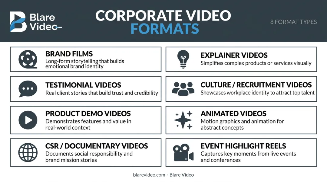 Eight corporate video format types visual taxonomy with icons and descriptions
