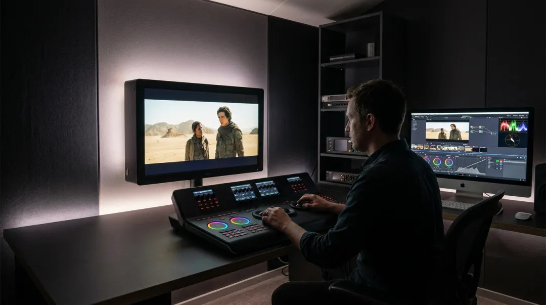 Professional colorist working on calibrated monitor grading music video footage in studio