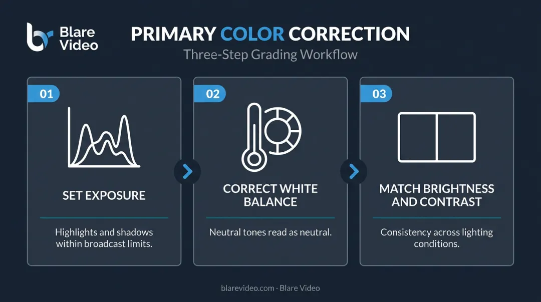 Three-step primary color correction process using scopes exposure and white balance