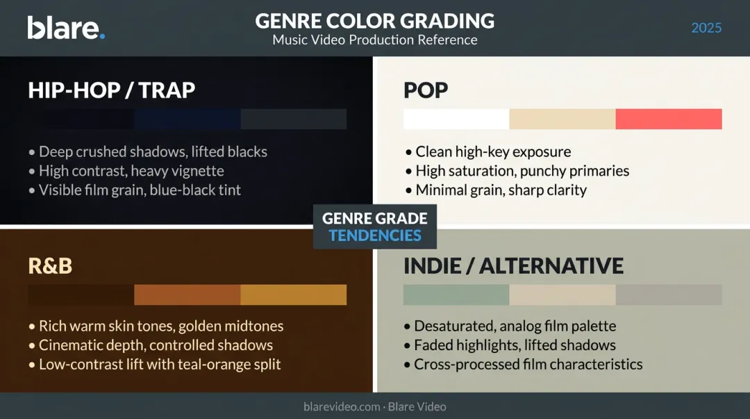 Music video color grade styles by genre hip-hop pop R&amp;B and indie compared
