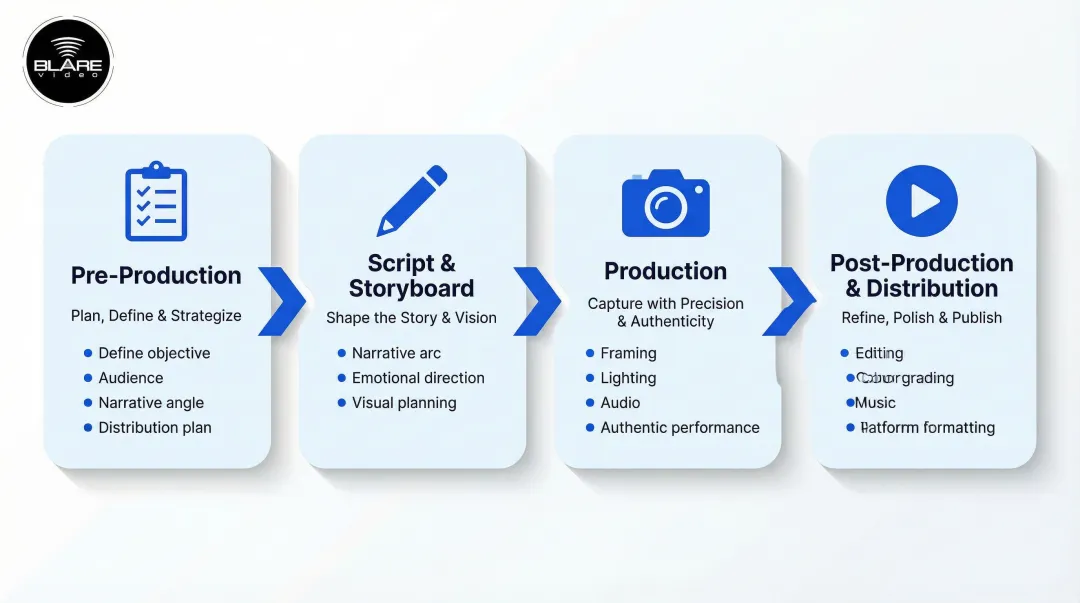 Brand story video production process from pre-production through post-production and distribution