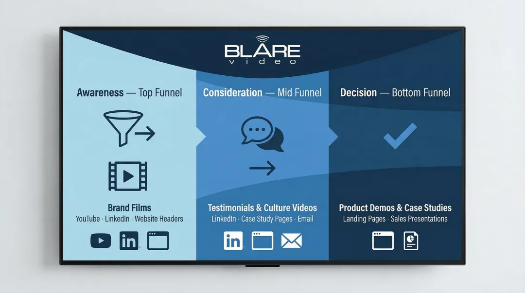 Brand story video formats mapped to buyer journey stages and distribution channels