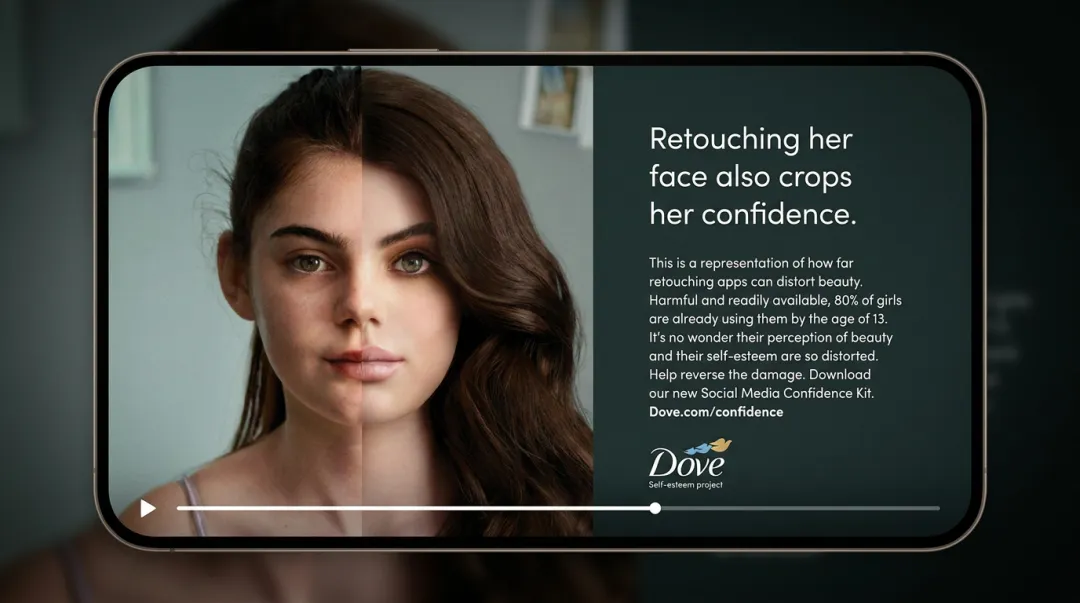 Dove Reverse Selfie campaign screenshot showing digital filter transformation awareness ad