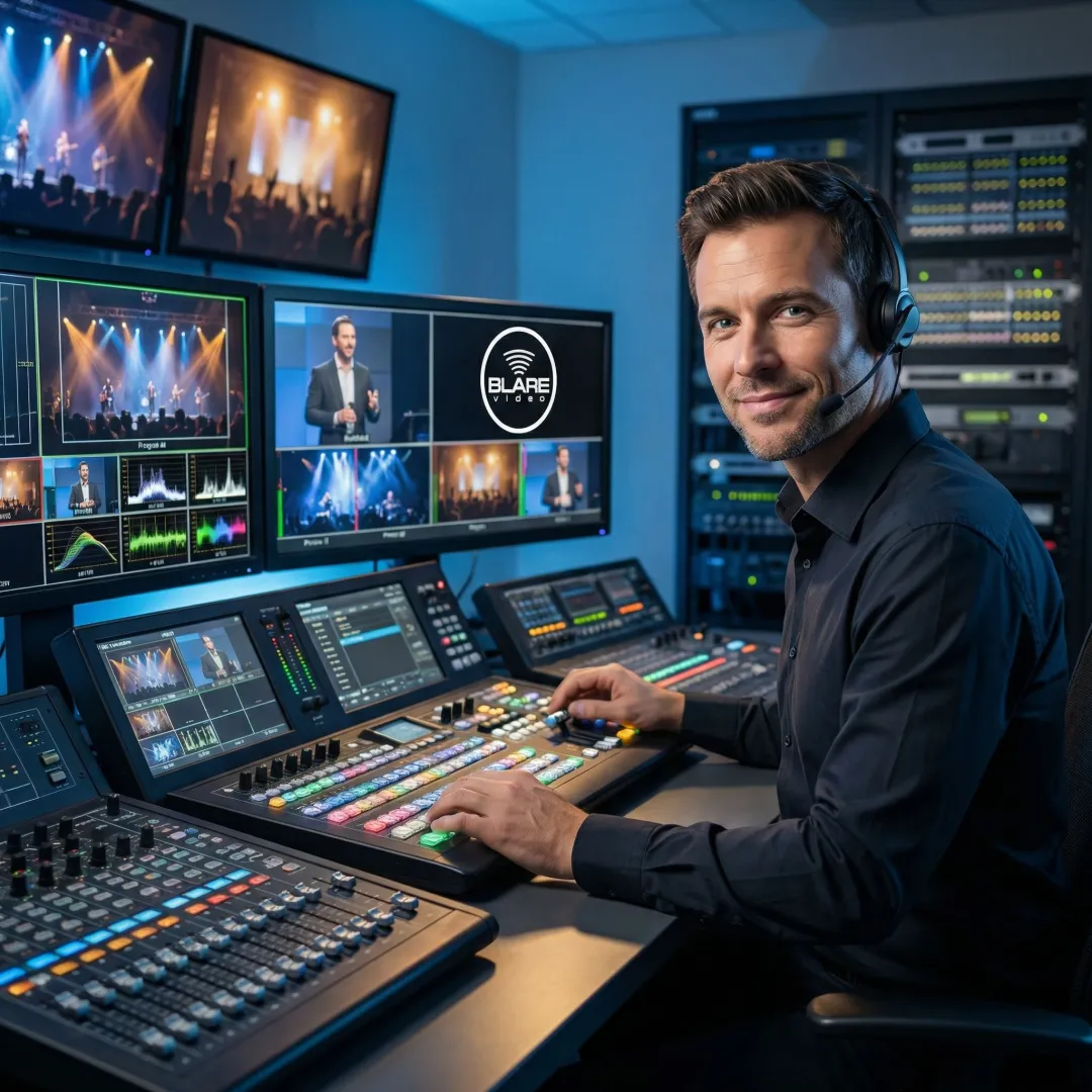 Live streaming control room with multiple monitors and technical crew