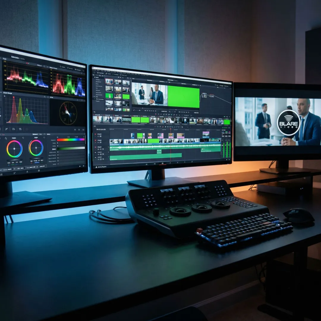 Professional video editing suite with multiple monitors displaying timeline and color correction