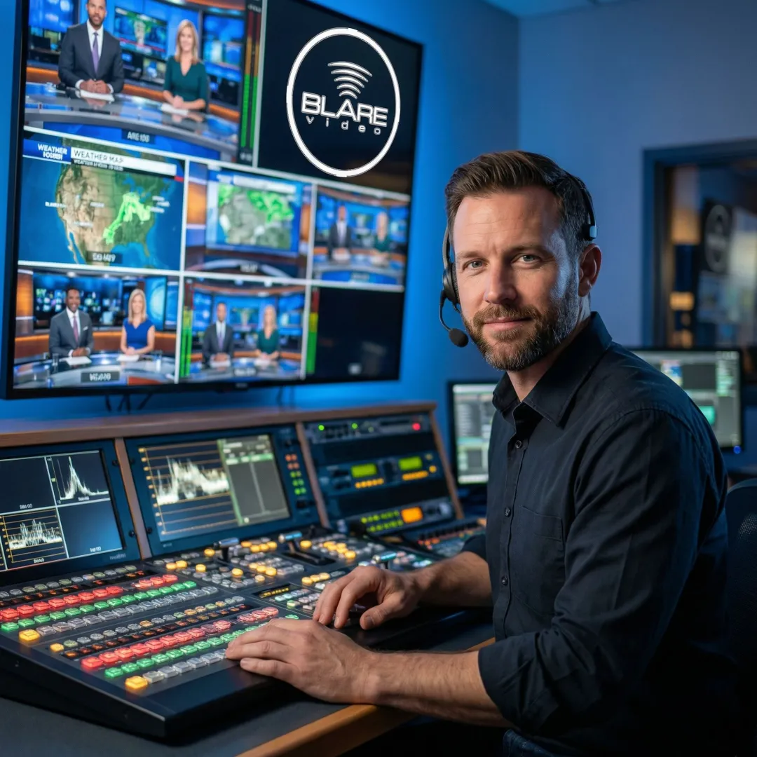Live video production control room with professional switcher and multiple camera feeds displayed on monitors