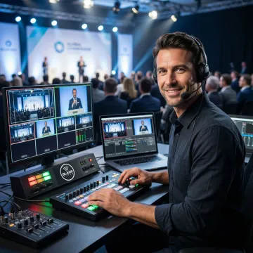 Professional live streaming production setup with multiple cameras and video switching equipment at corporate event