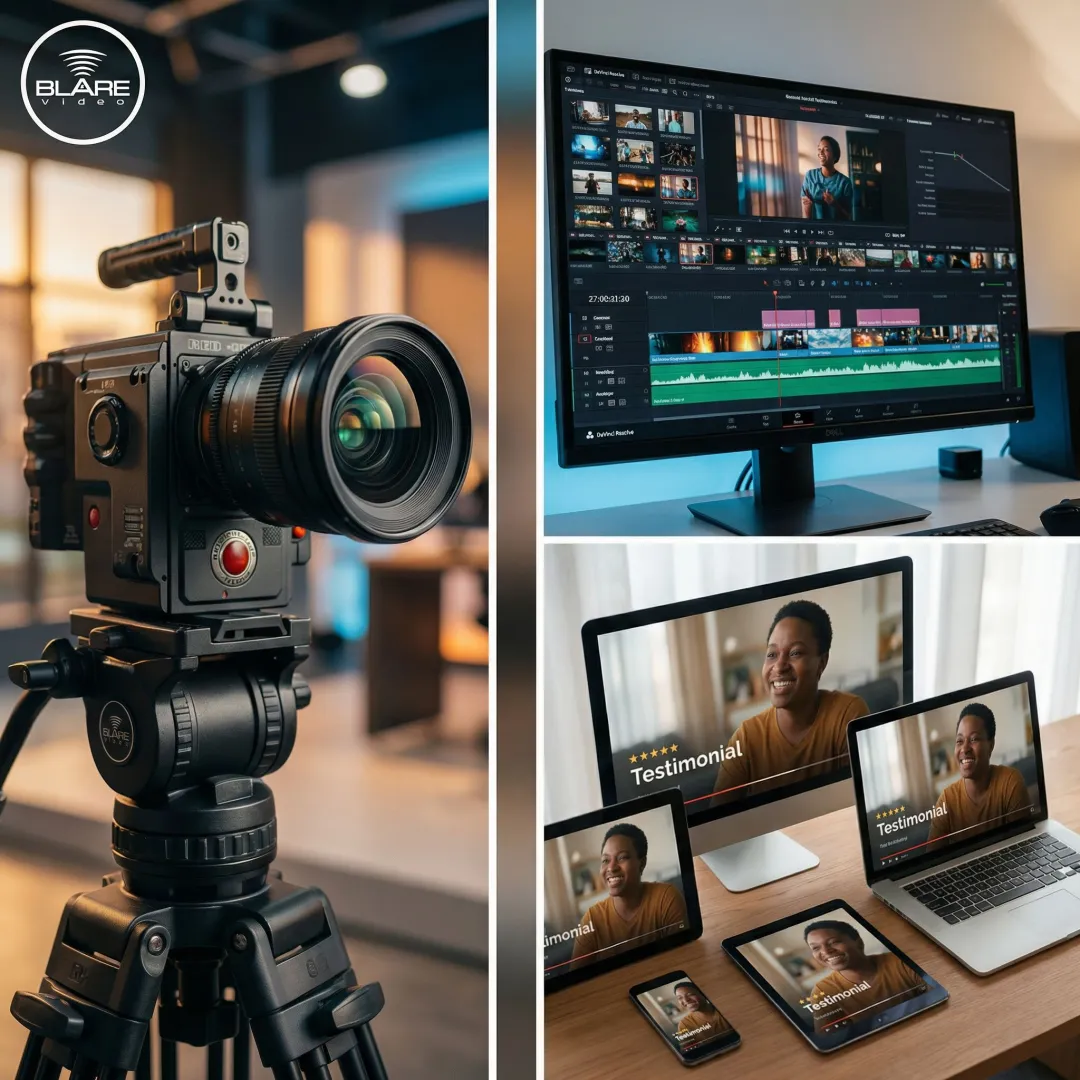 Professional video production workflow showing camera equipment, editing suite, and final video output