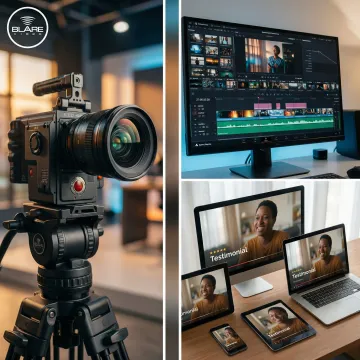 Professional video production workflow showing camera equipment, editing suite, and final video output
