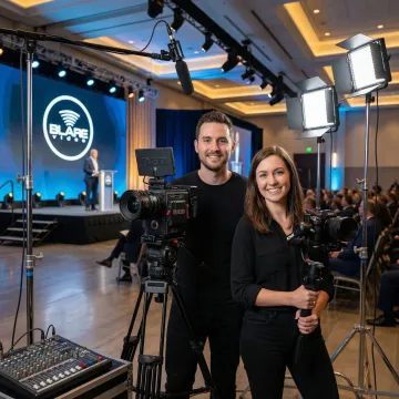 Professional video crew filming corporate event with multiple cameras and lighting equipment