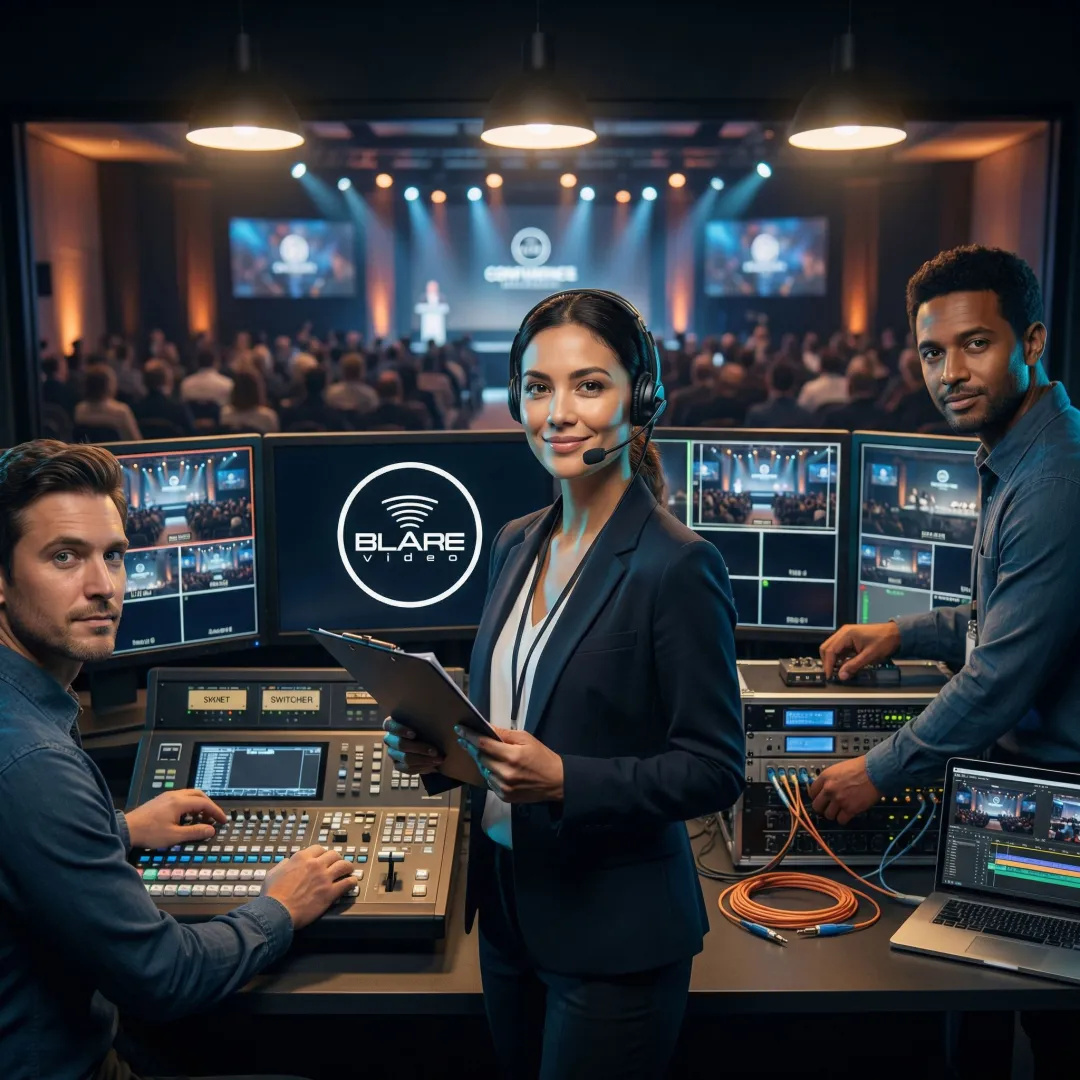 Video production team coordinating multi-camera setup at a live corporate event