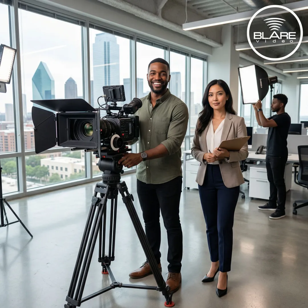 Professional video production crew filming a corporate project in Dallas