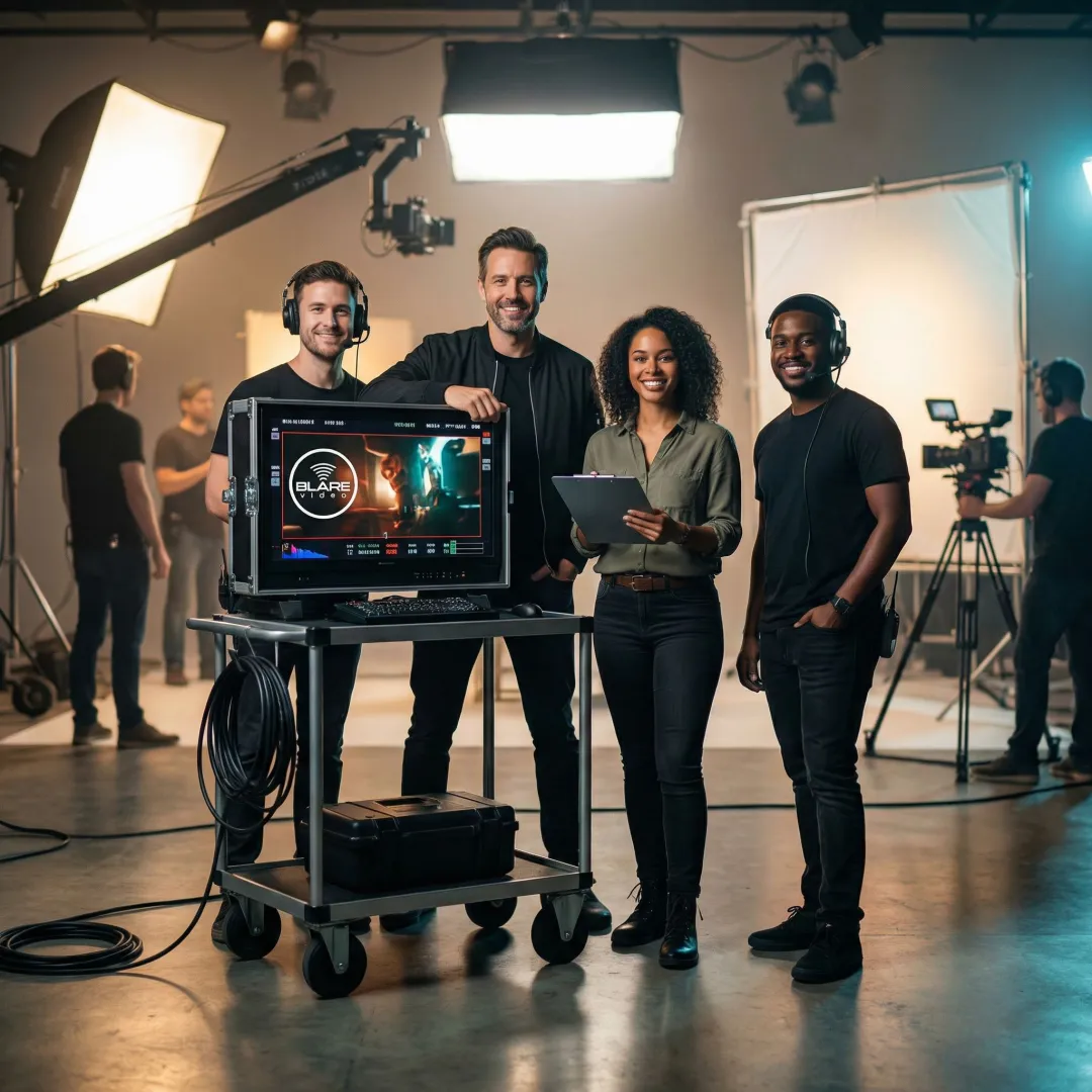 Video production team reviewing footage on a monitor during a shoot