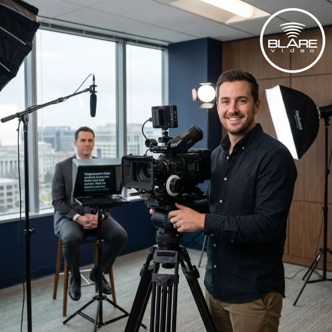 Corporate video production team filming an executive interview in a Washington D.C. office.