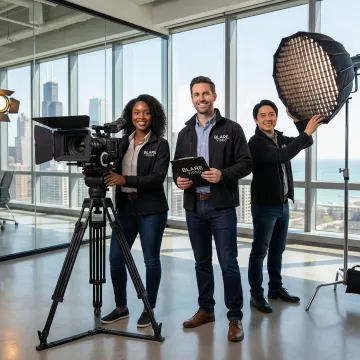 Professional corporate video production crew filming in a modern Chicago office setting