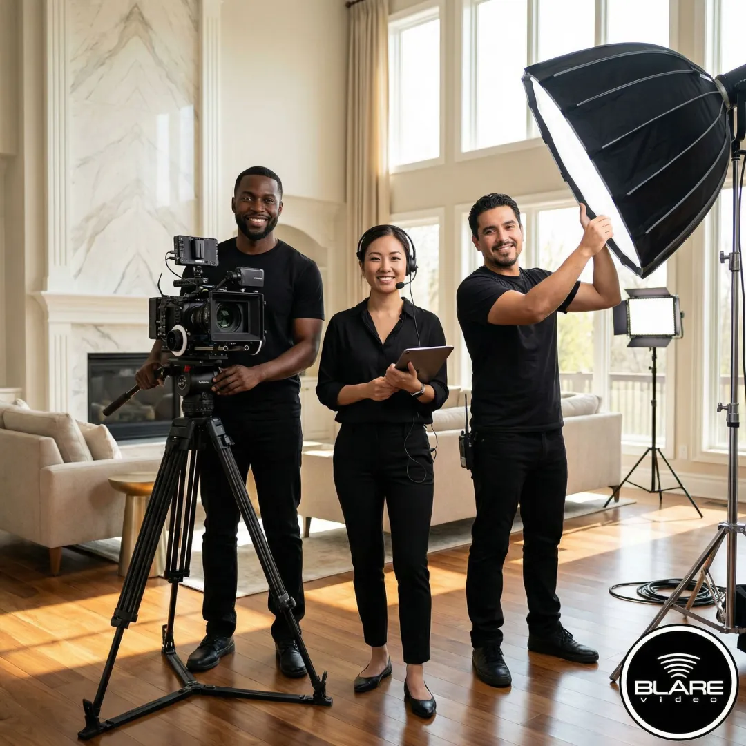 Cinematic real estate video production crew filming a luxury property interior