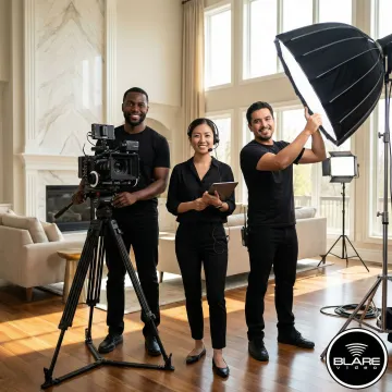 Cinematic real estate video production crew filming a luxury property interior