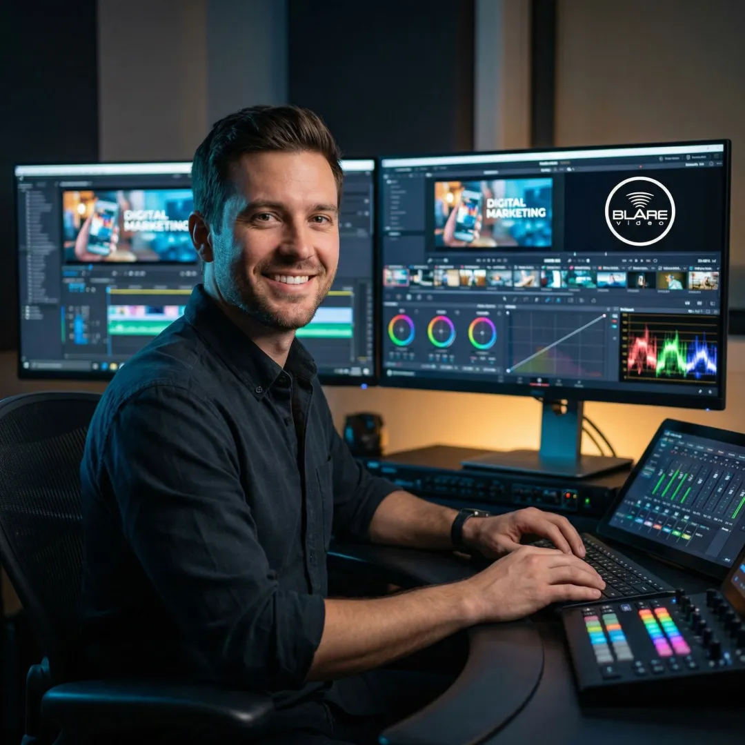 Video editor working on digital marketing video content in a professional post-production suite