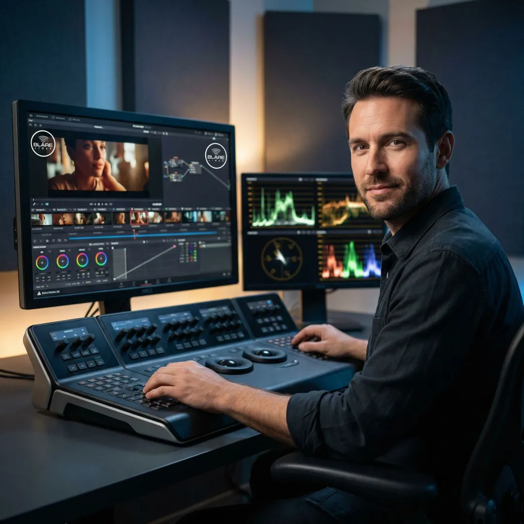 Color correction workflow on a professional post-production timeline in a grading suite