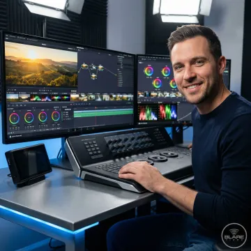 Professional colorist performing color correction on video footage in a post-production suite