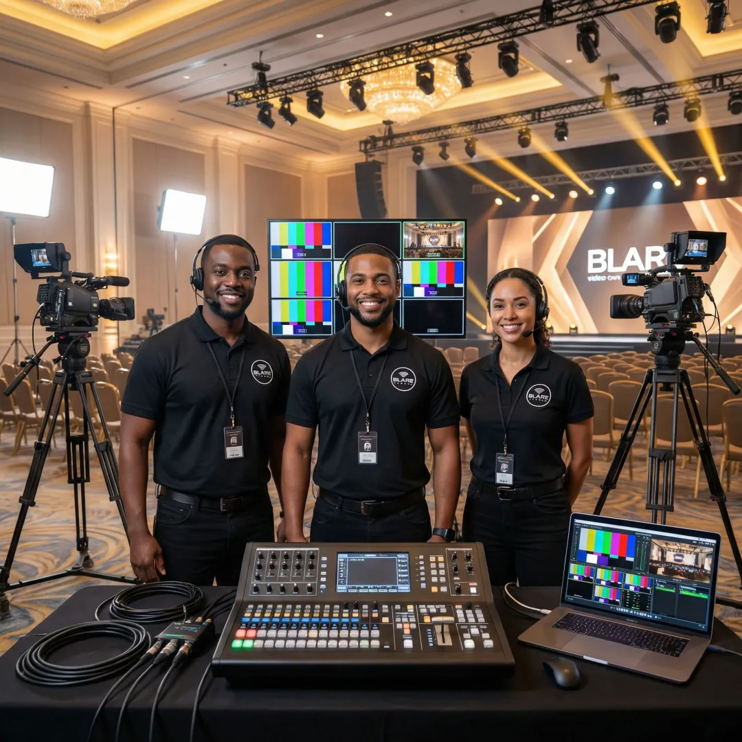 Video production team setting up cameras and switcher equipment before a live corporate event