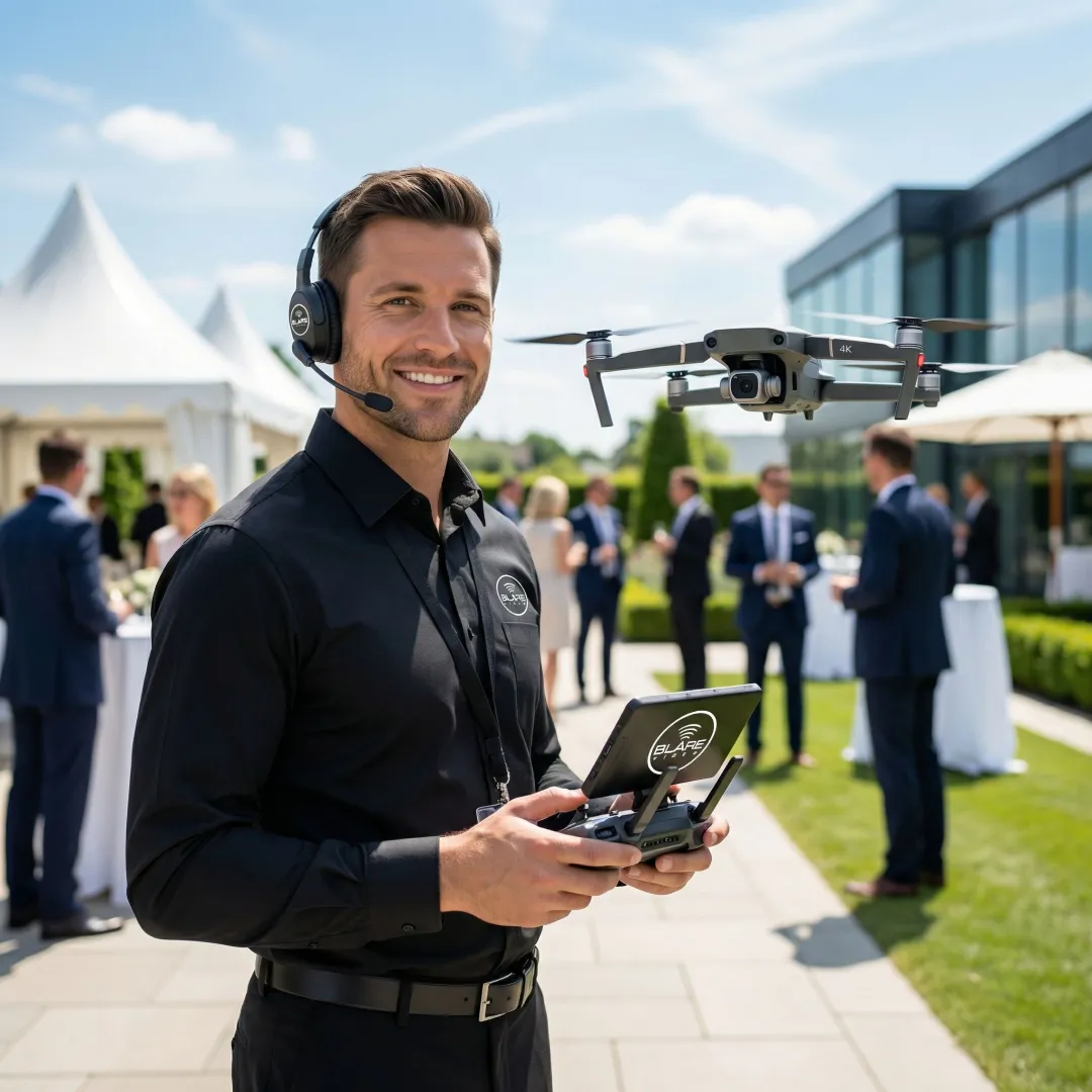 Drone pilot operating a professional drone at a corporate event venue