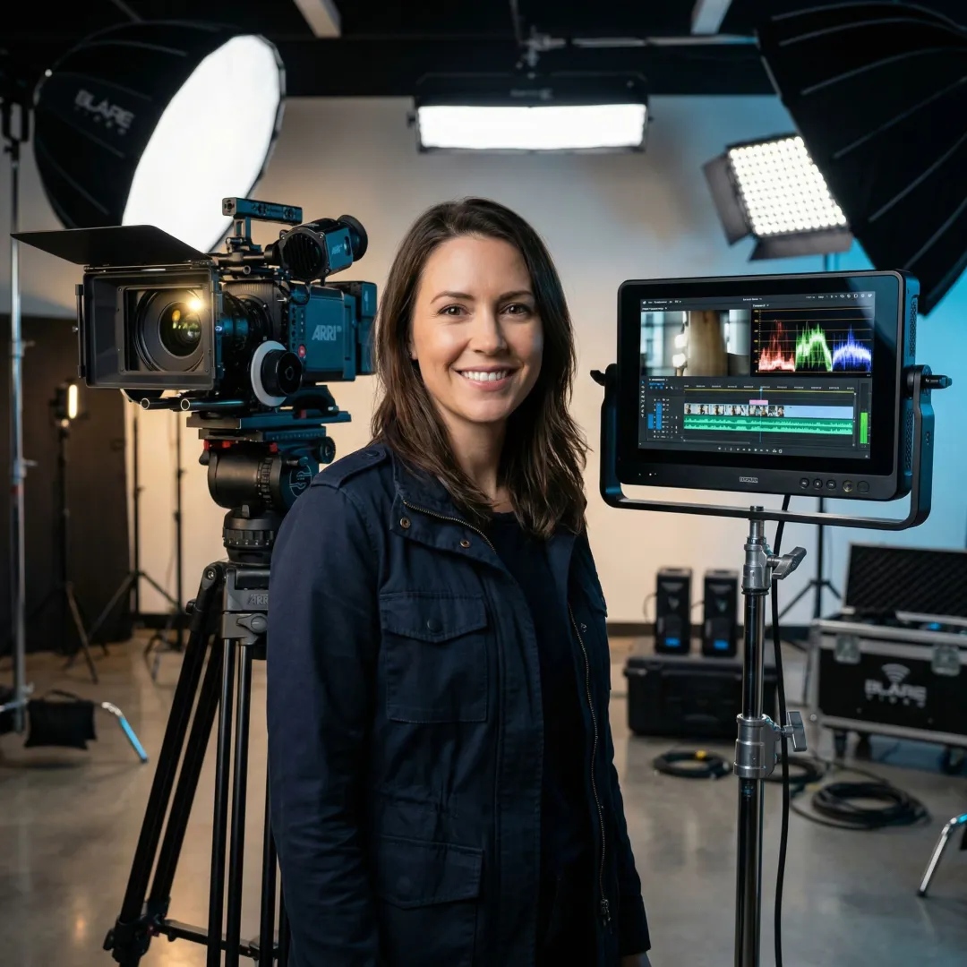 DP reviewing cinematic footage on a monitor during a Houston corporate video shoot