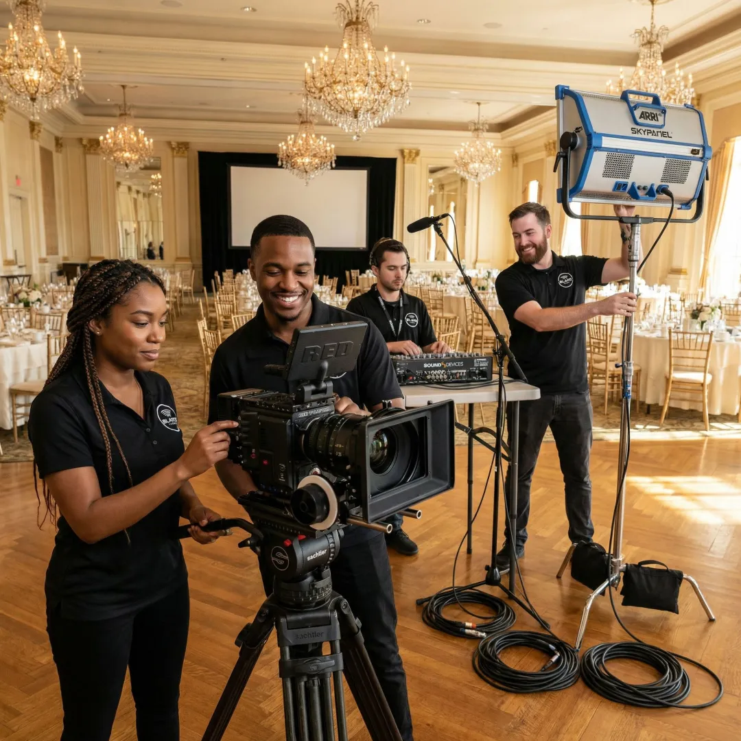 Video production crew setting up cameras and lighting equipment at a corporate event venue