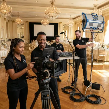 Video production crew setting up cameras and lighting equipment at a corporate event venue